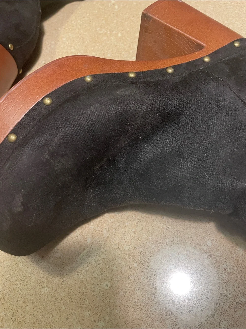 New York & Company Black Suede Platform Ankle Boots with Wood-Effect Block Heel